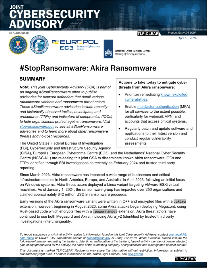 First page of the official StopRansomware Akira ransomware advisory