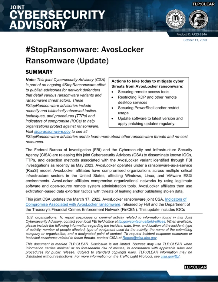 First page of the official StopRansomware AvosLocker advisory