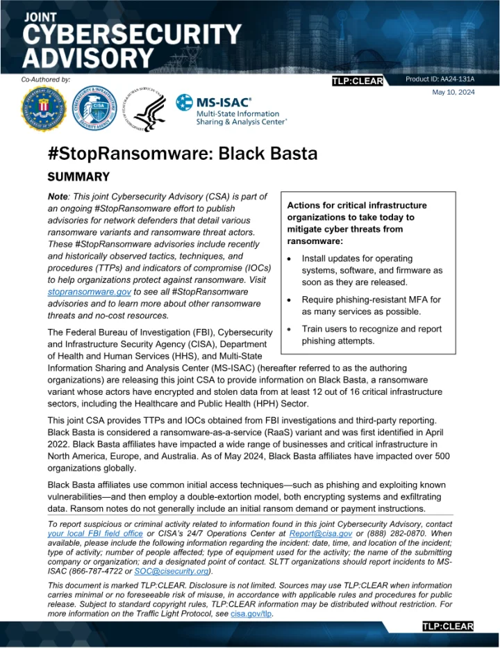 First page of the official StopRansomware Black Basta advisory