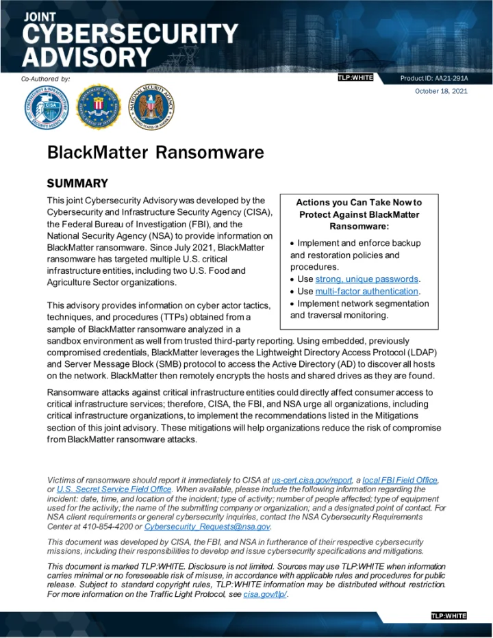 First page of the official joint BlackMatter ransomware advisory