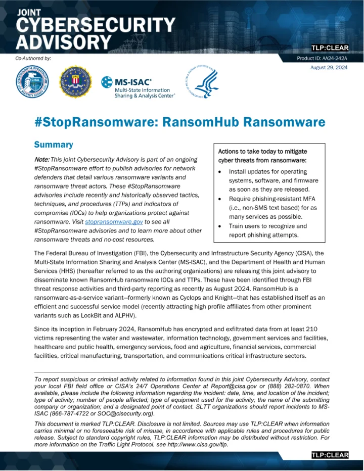 First page of the official StopRansomware RansomHub ransomware advisory