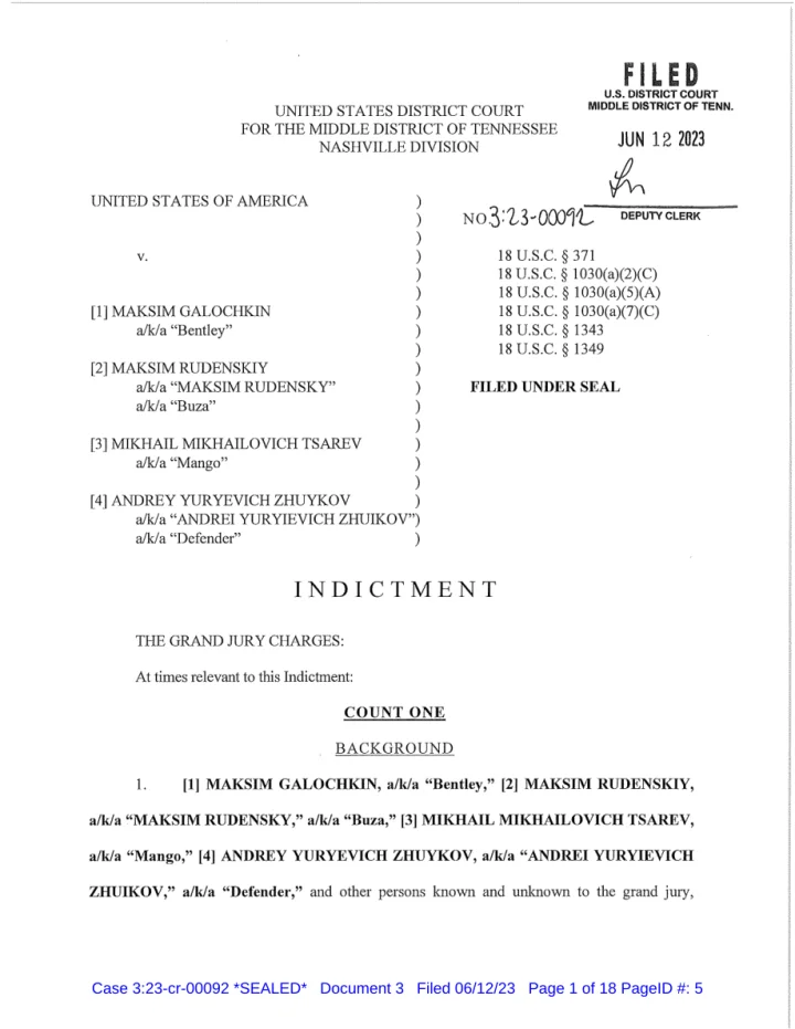 First page of federal indictment 3:23-cr-00092 naming four defendants in a Conti ransomware case
