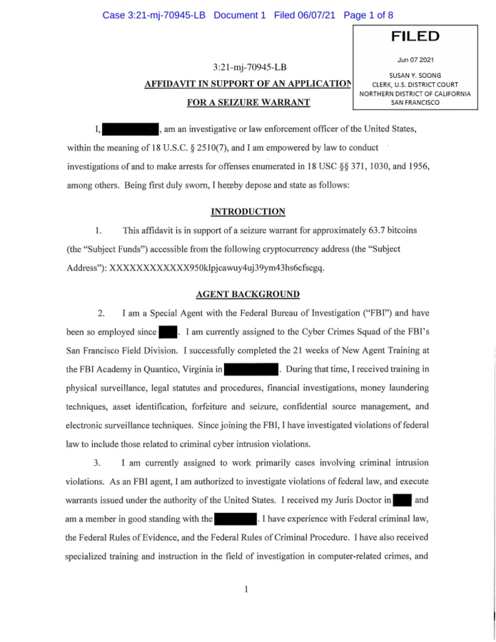 First page of the federal seizure-warrant affidavit for cryptocurrency traced to the Colonial Pipeline ransom payment