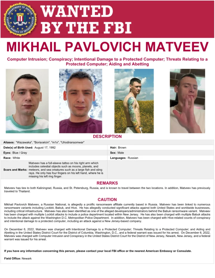Official FBI wanted poster for Mikhail Pavlovich Matveev with four agency-published photographs