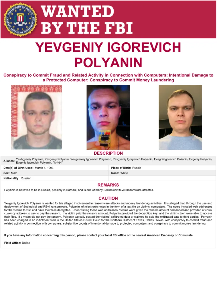 Official FBI wanted poster for Yevgeniy Igorevich Polyanin with agency-published photographs