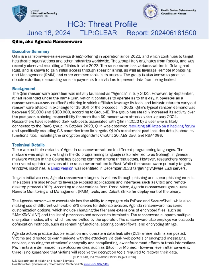 First page of the HHS HC3 Qilin also known as Agenda ransomware threat profile