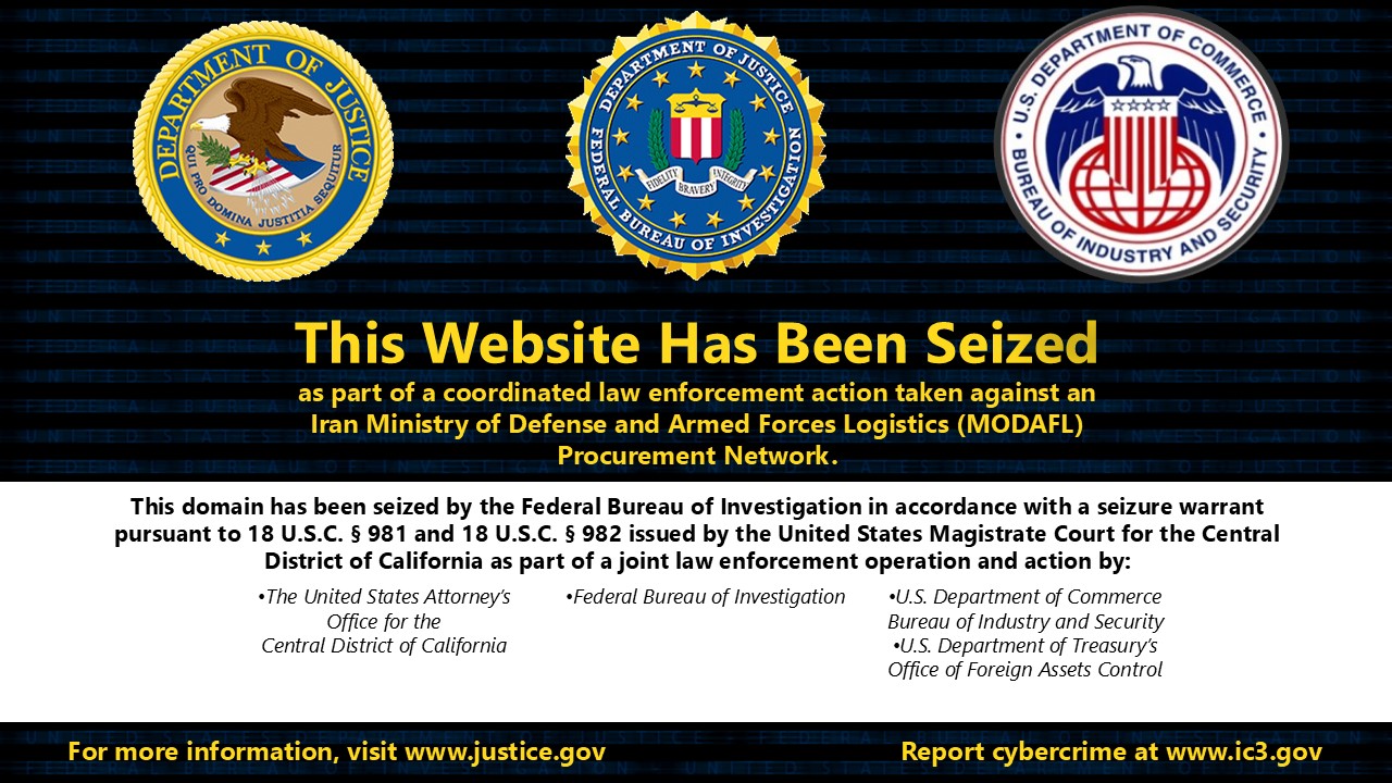 Iran Procurement Network website seizure banner