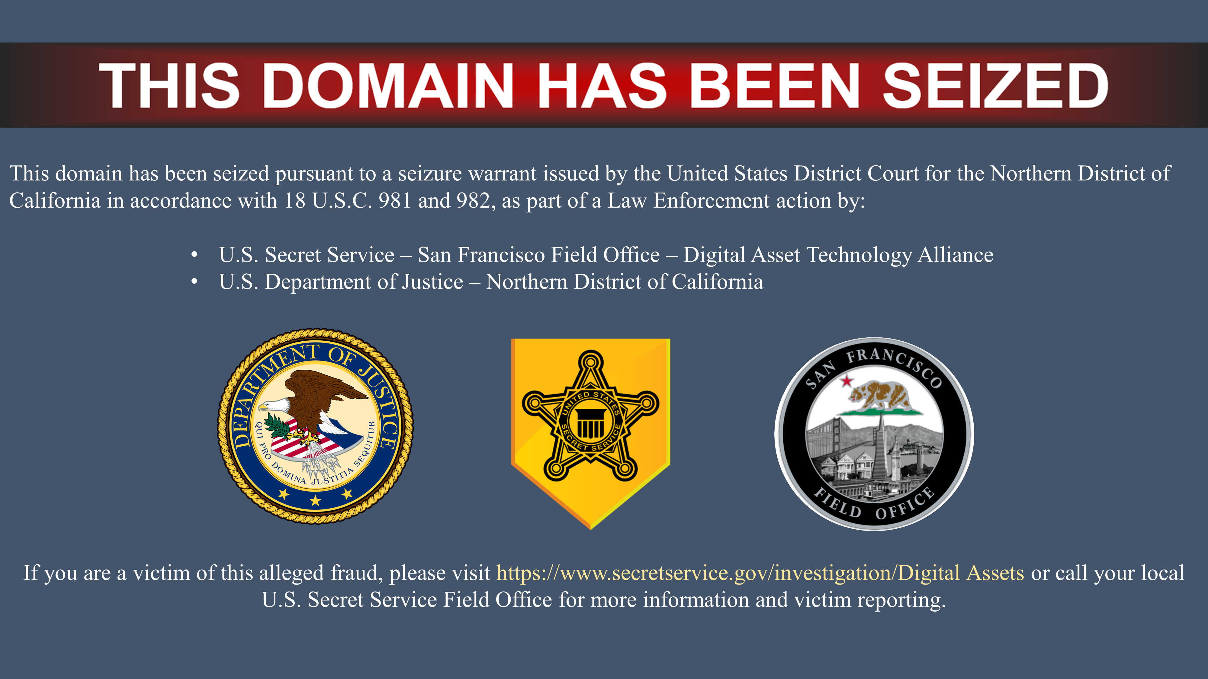Fake investment platform website seizure banner