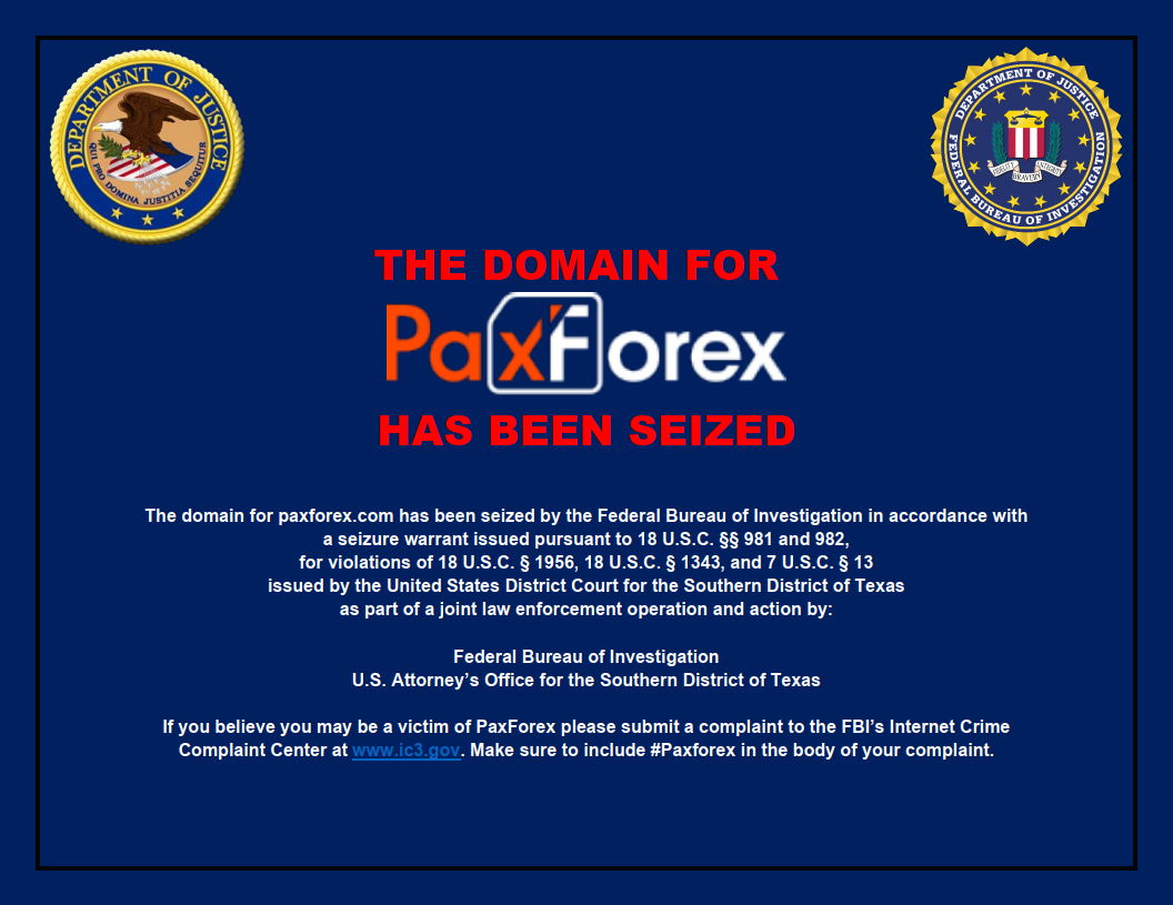 PaxForex website seizure banner
