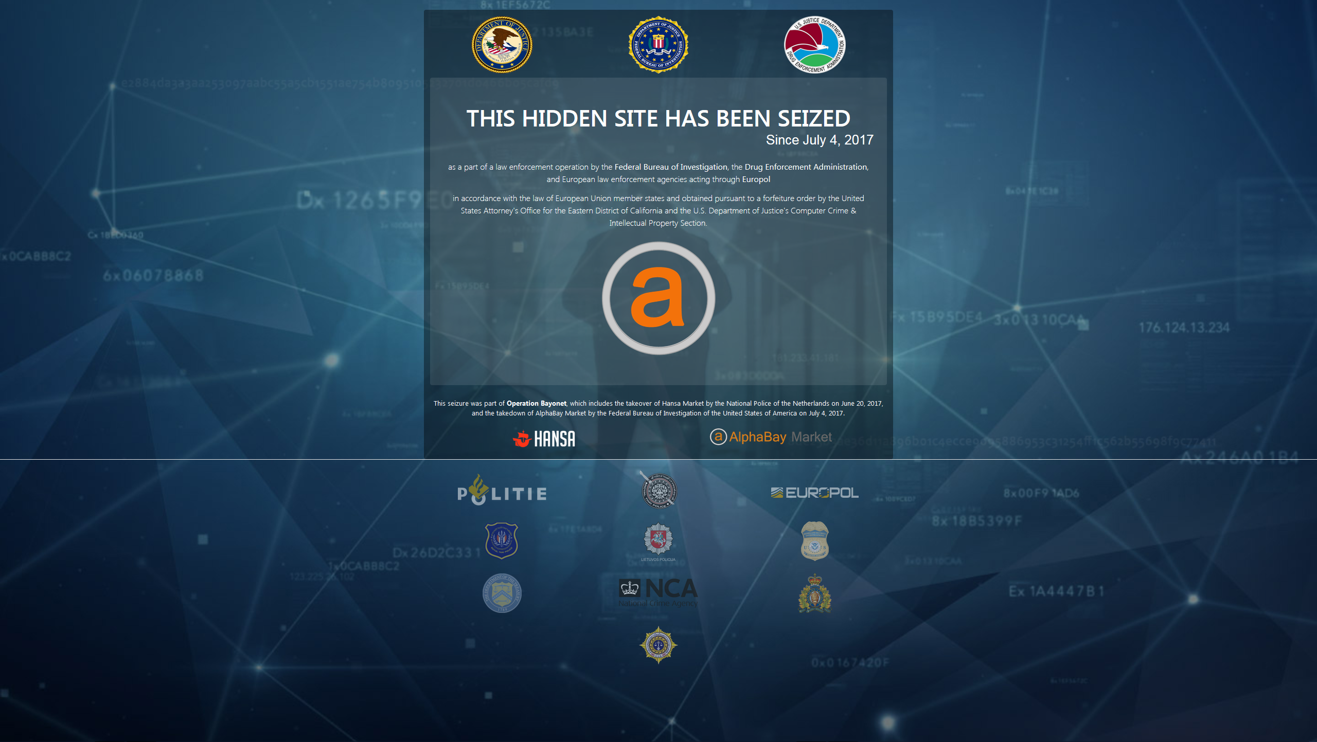 AlphaBay website seizure banner