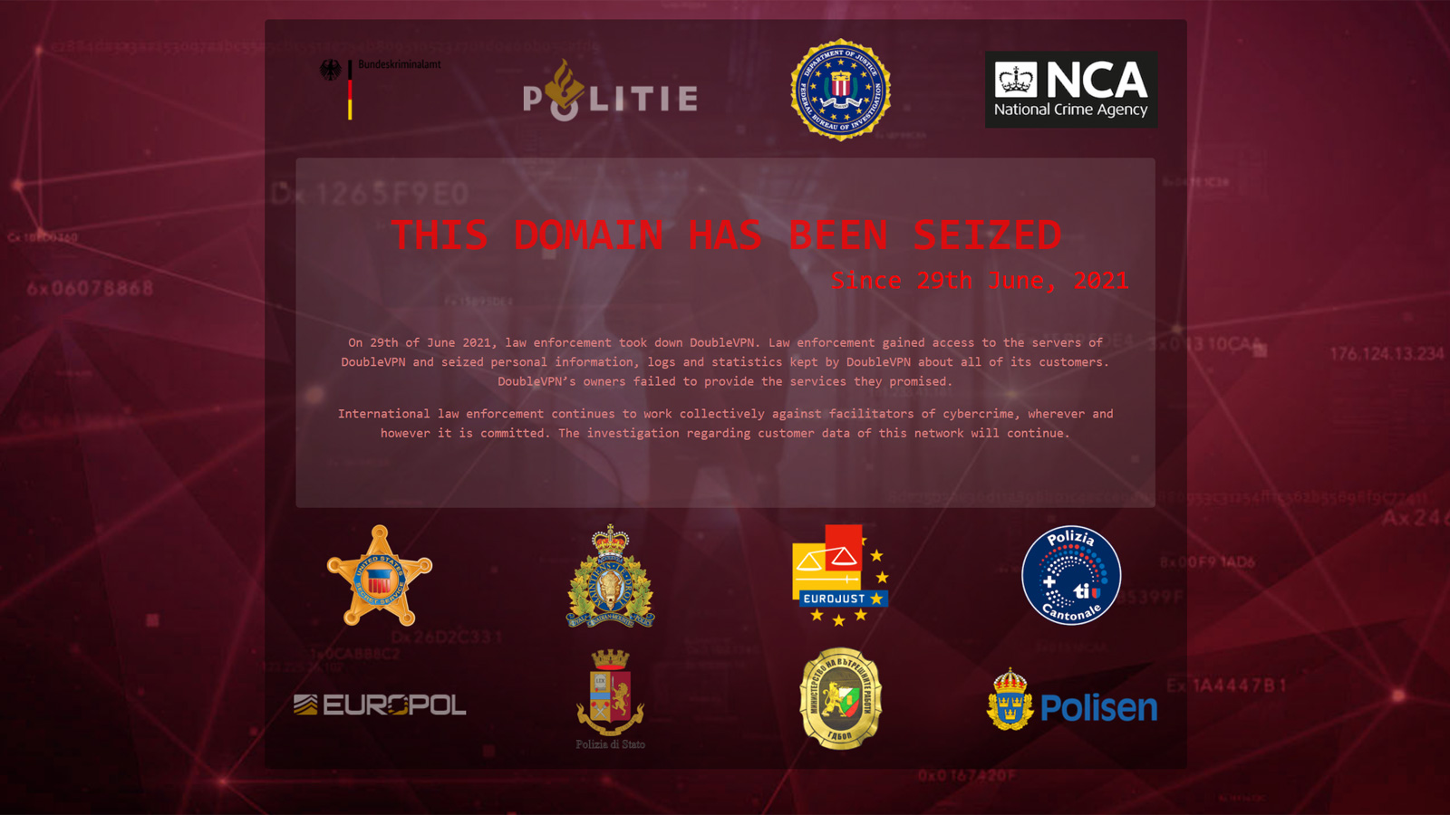 DoubleVPN website seizure banner