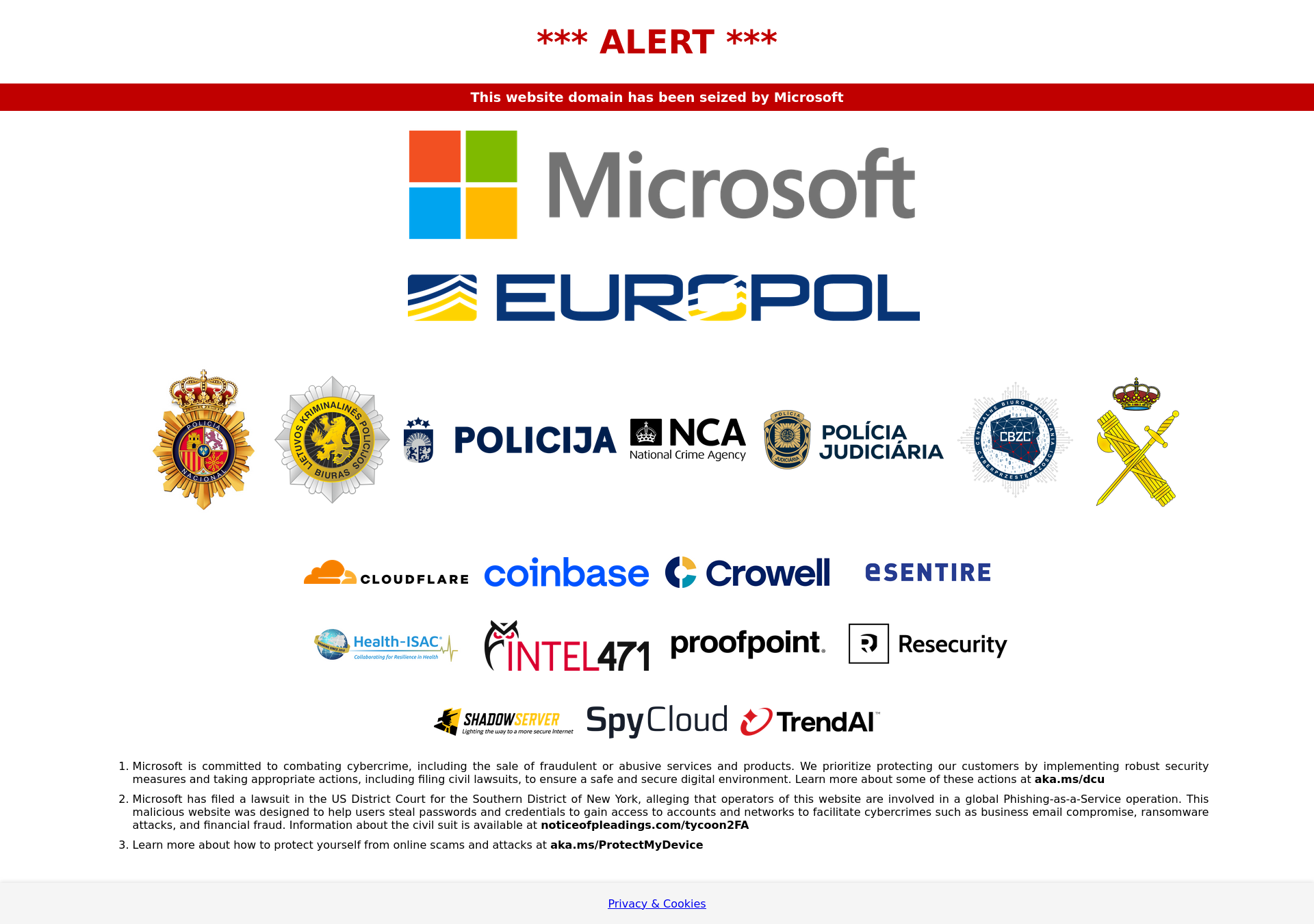 Tycoon2FA website seizure banner