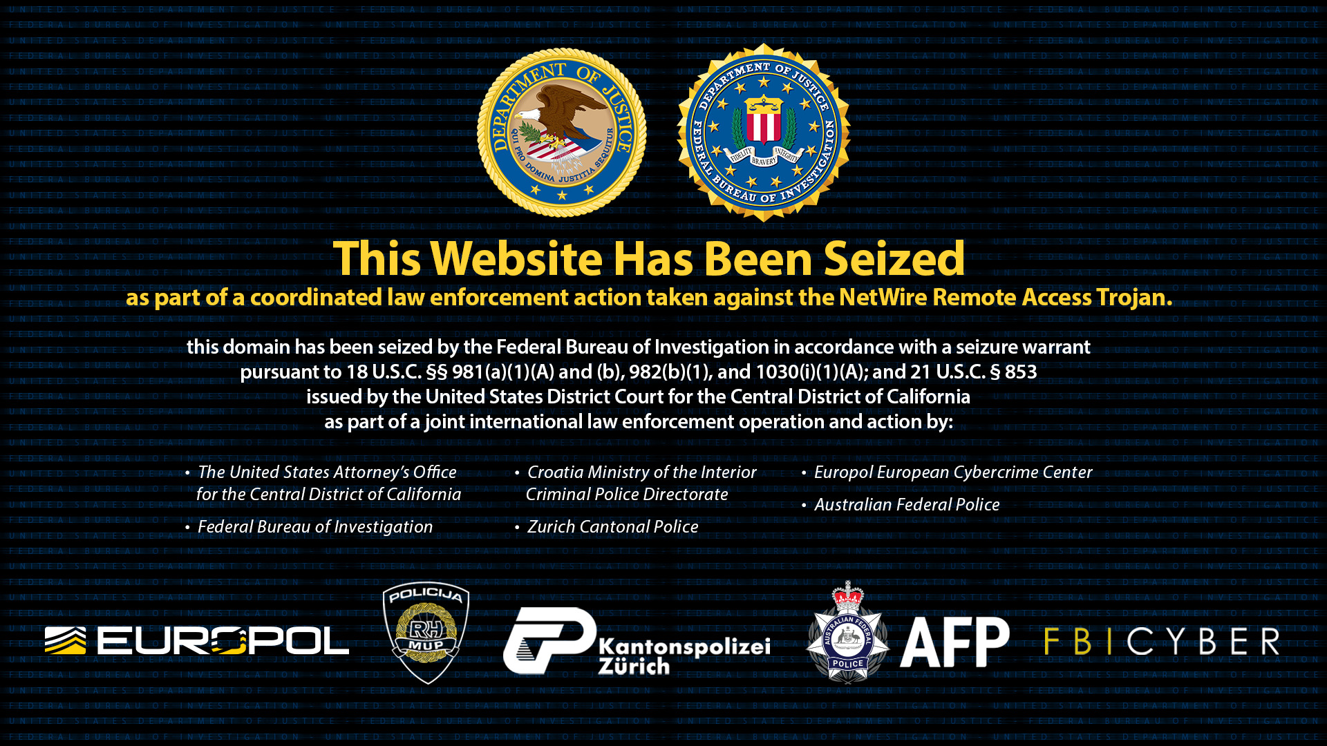 NetWire RAT website seizure banner