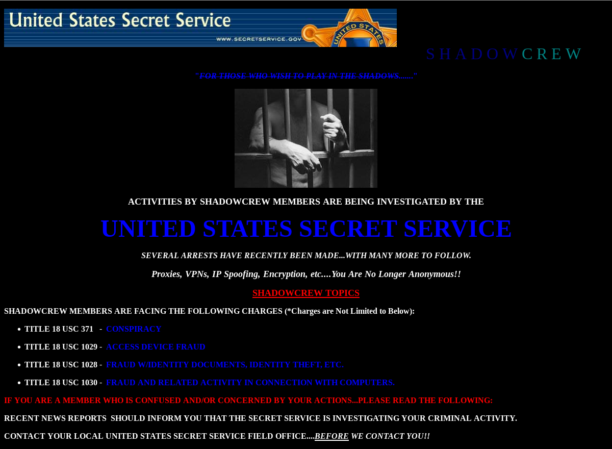 ShadowCrew website seizure banner