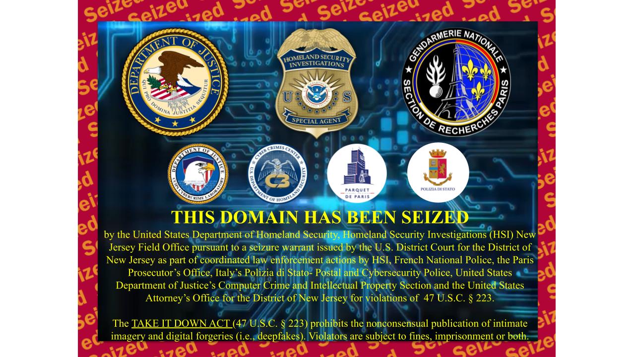 Celebrity Fake website seizure banner