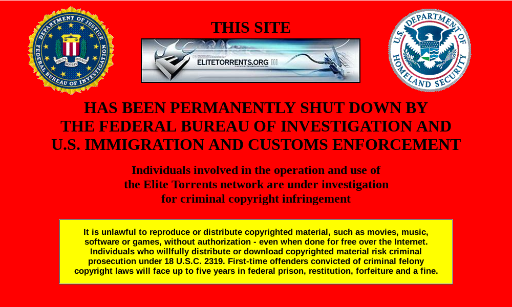 EliteTorrents website seizure banner