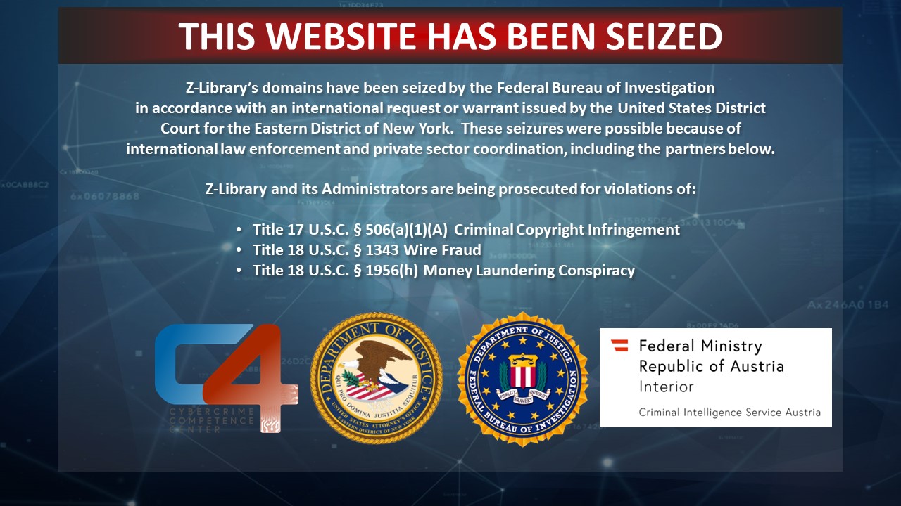 Z-Library 2 website seizure banner
