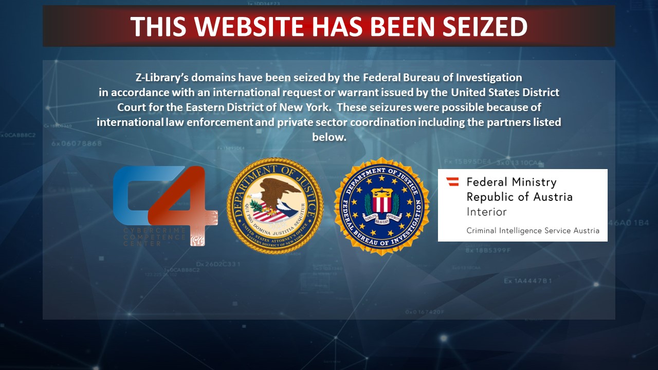 Z-Library website seizure banner