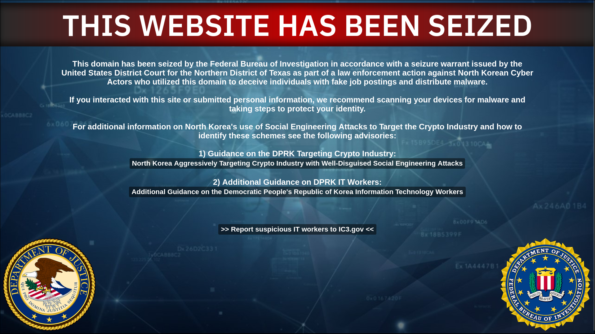 DPRK IT Workers 3 website seizure banner